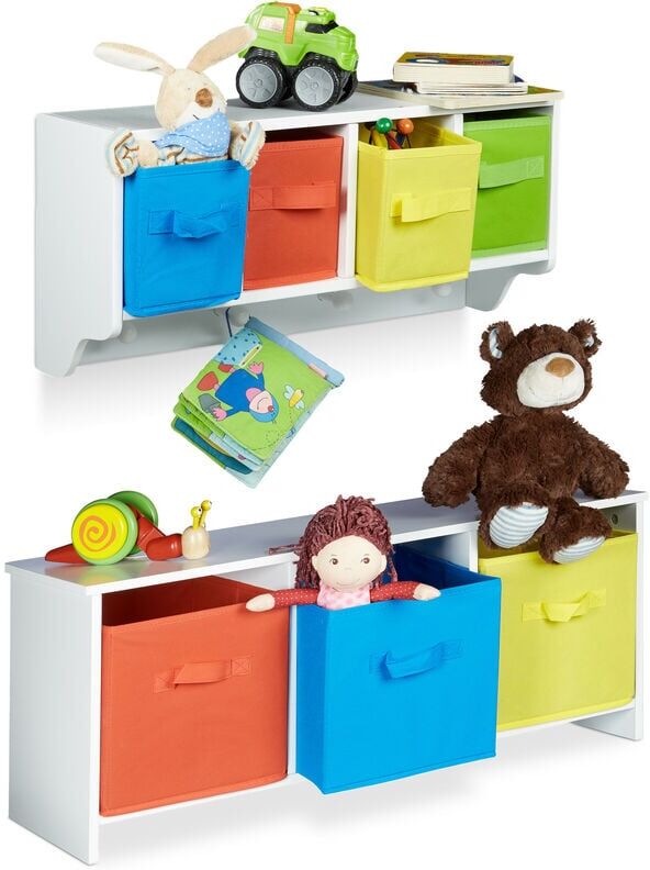 RELAXDAYS 2-piece children's storage set, bench with storage, wall shelf and coat rack, white with colourful fabric boxes