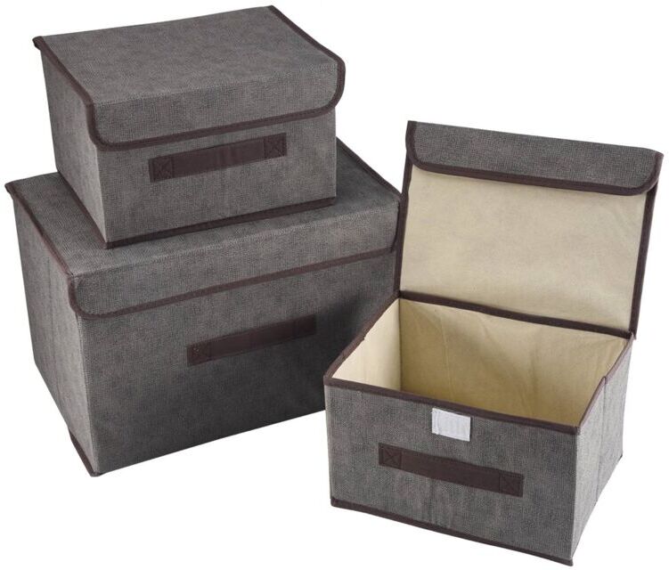 TLILY 3 Pack Foldable Storage Boxes with Lids,Fabric Basket Organiser for Wardrobe,Closet,Shelf(Gray)