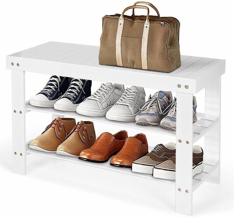 Costway - 3-Tier Bamboo Shoe Bench Shoe Rack Shelf Organizer Entryway Bench Stand Display