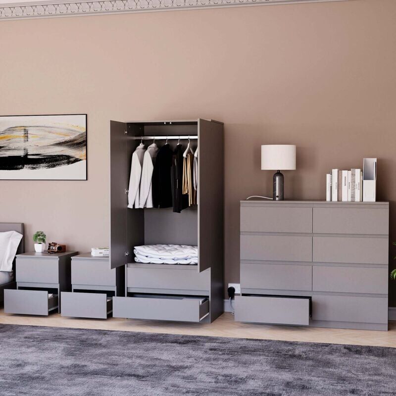 Home Discount - 4 Piece Denver Bedroom Set, 2 Drawer Large Bedside Chest x2, 8 Drawer Chest, 2 Door 2 Drawer Wardrobe, Grey