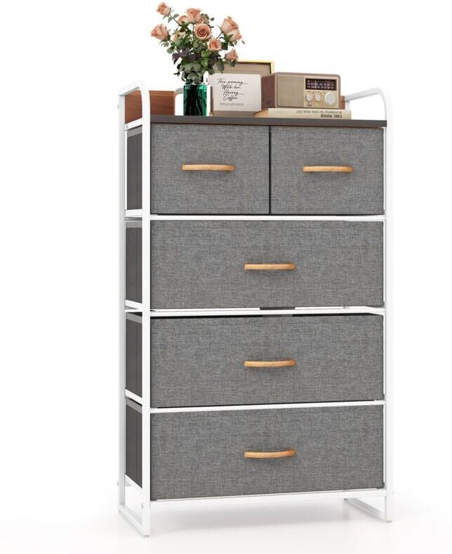 5-Drawer Dresser Storage Organizer Tower Bedside Display Stand Foldable-Grey - Costway
