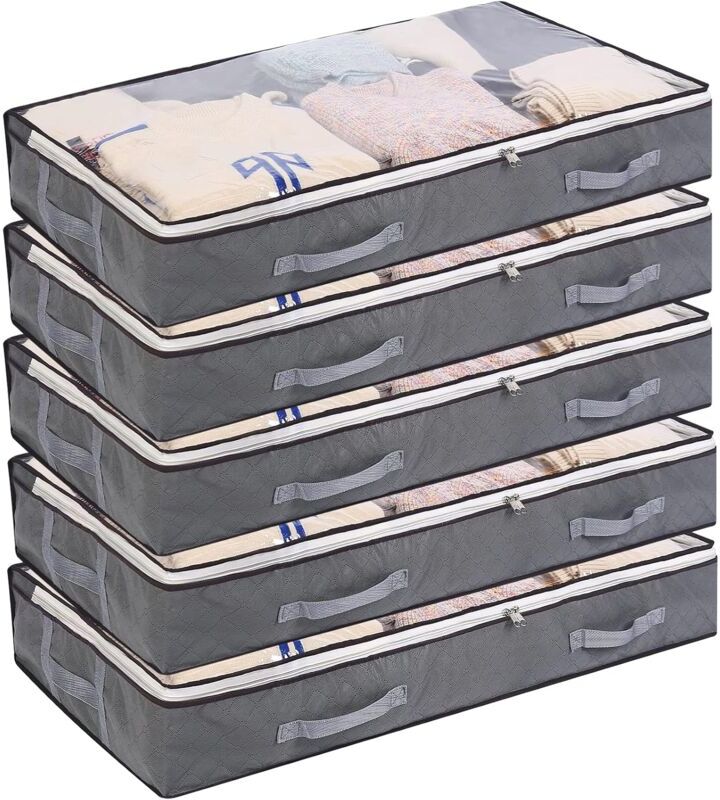 Tonchean - 5PCS Under Bed Storage Bags Foldable Clothes Bag, 75L Large Capacity Storage Containers, with Clear Window Reinforced Handles Non-woven