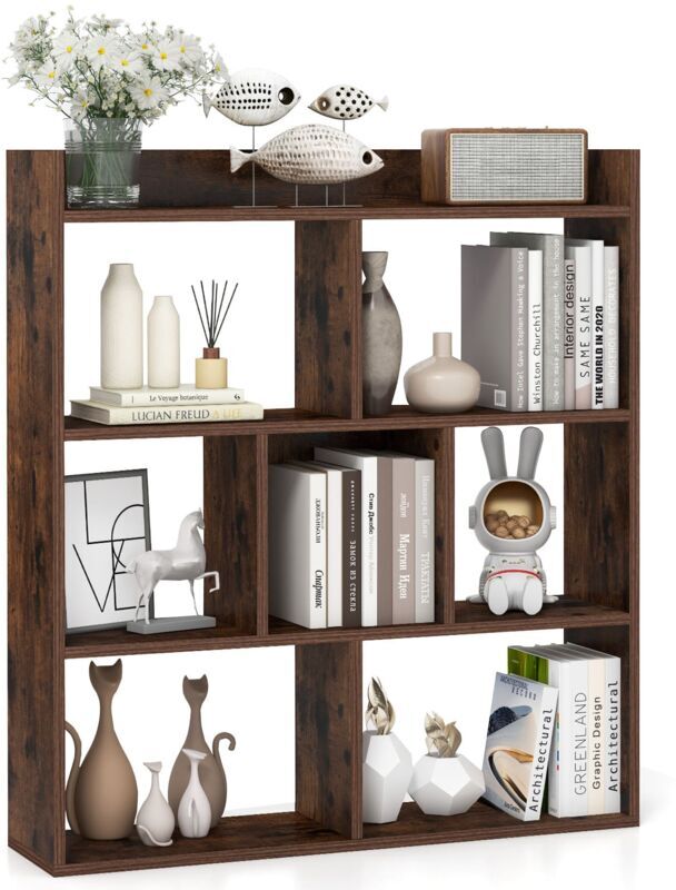 Costway - 7 Cubes Open-back Bookshelf Home Storage Display Shelf Walnut