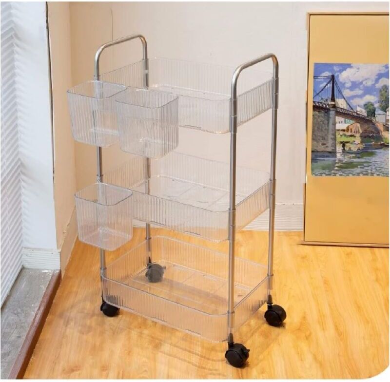 TONCHEAN Acrylic Organizer Storage Rack, Clear Acrylic Trolley, Cosmetic Storage Cart, Toiletry Organizer, Bedside Table, 3 Tier