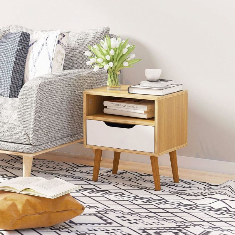 TEETOK Bedside Table, Wooden Bedside Cabinet with Drawer and Open Shelf, Modern Nightstand, Slim Beside Shelves for Bedroom or Living Room Storage, 40 x 40