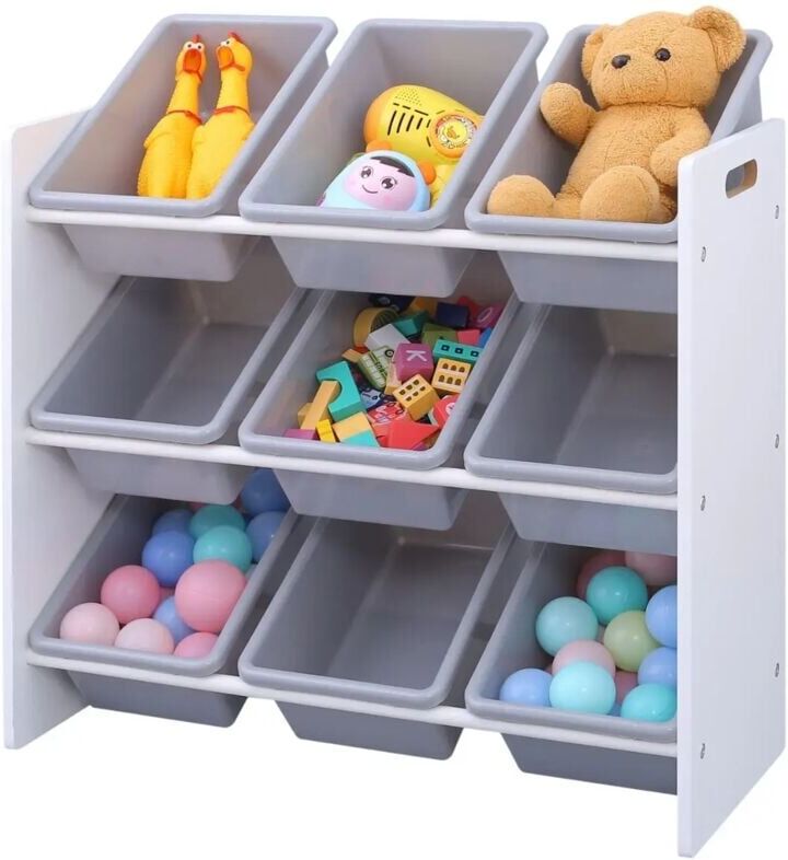 XAMPLE Children's Toy Storage Unit with 9 Plastic Bins Kids Shelves Organiser