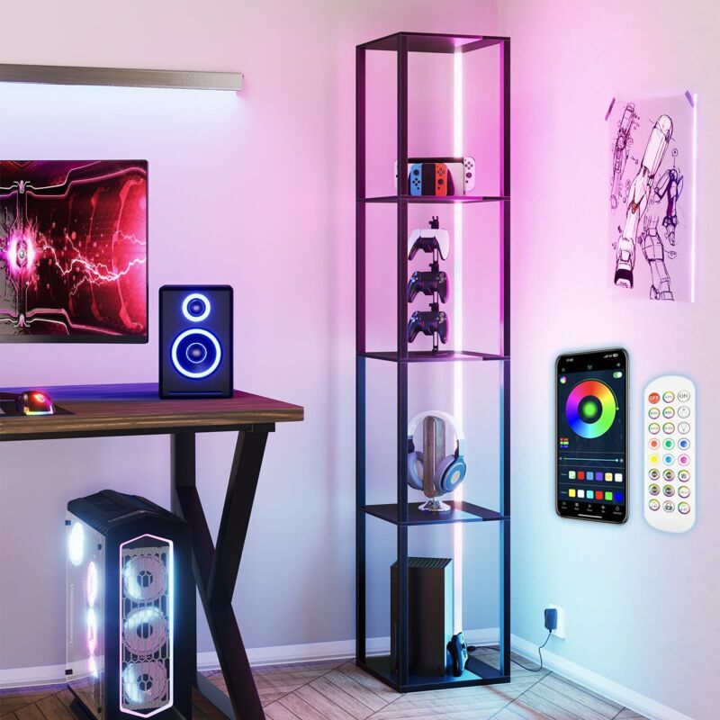 TLILY Smart rgb Floor Lamp with Shelves - 162CM Tall, led Corner Display Shelf for Collectibles, Modern Design with Remote and App Control, Black