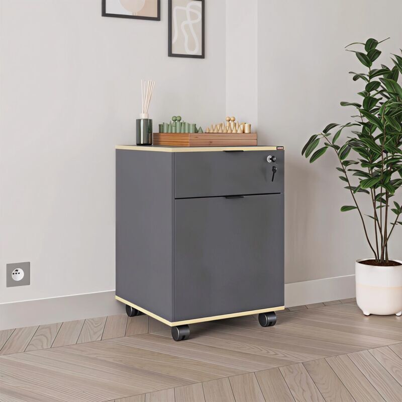 FWStyle Rio Anthracite Grey Mobile Office Storage Cart with Lockable Drawer - Compact Filing Cabinet on Wheels with Italian Oak Accents