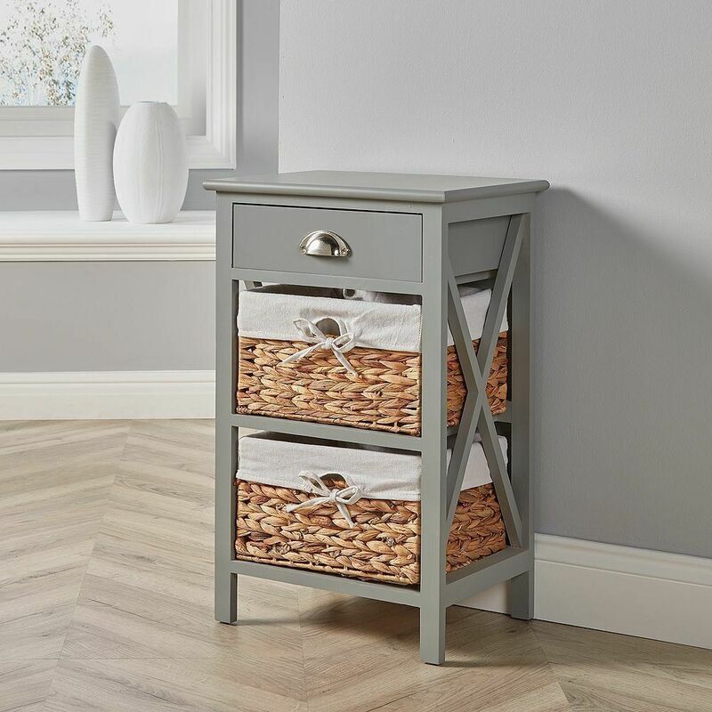HOME SOURCE Grey Bedside Wooden Storage 2 Drawer Chest Water Hyacinth Basket Fully Assembled