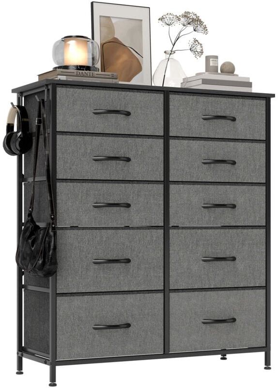 Homcom - Fabric Chest of Drawers, 10 Drawer Dresser for Bedroom, Charcoal Grey