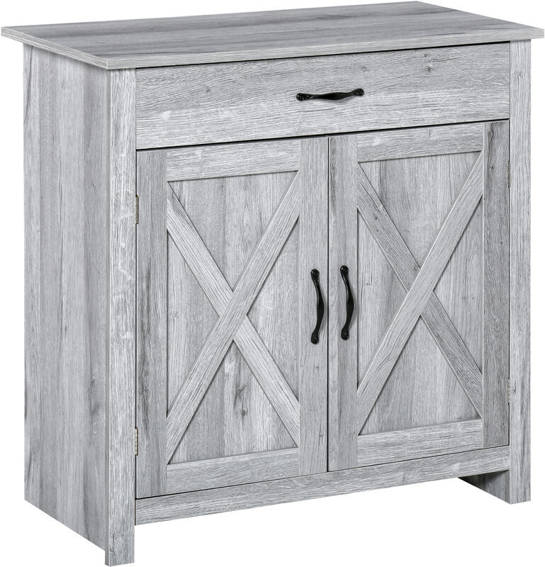Farmhouse Barn Door Sideboard Accent Buffet Cabinet Coffee Bar Grey Grain - Homcom