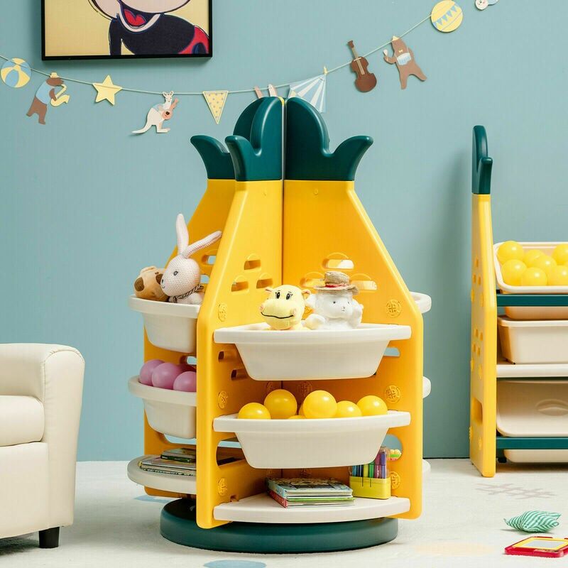 Costway - Kids Toy Storage Organizer 3 Tier 360° Revolving Pineapple Shelf 8 Plastic Bins