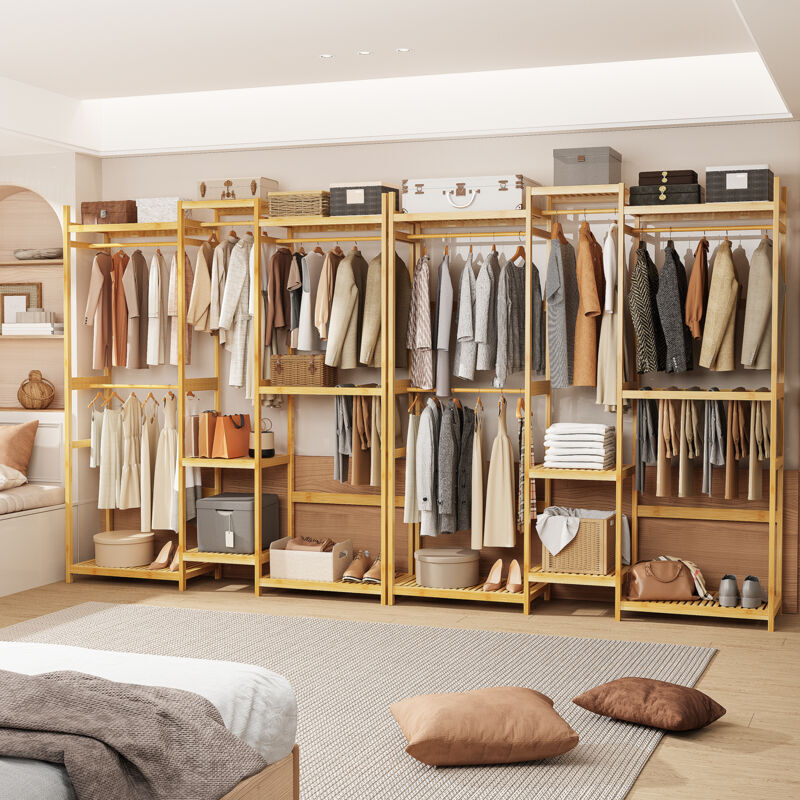 UNHO Large Bamboo Closet System Clothes Rack Hanging Clothes Wardrobe with 8 Storage Shelf