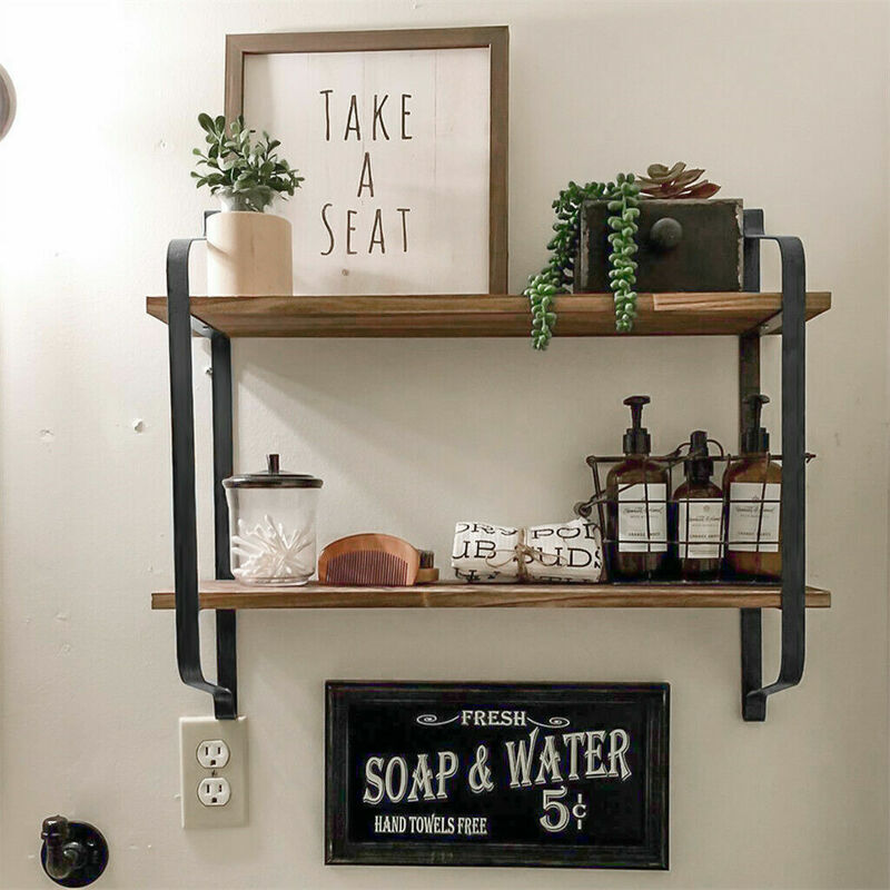 UNHO Large Rustic Industrial Pipe Wall Floating Shelf Wooden Storage Shelving Unit