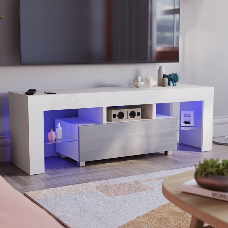 Home Discount - Luna led tv Unit Cabinet Stand 1 Drawer Modern High Gloss Cabinet Unit, White-&-Grey