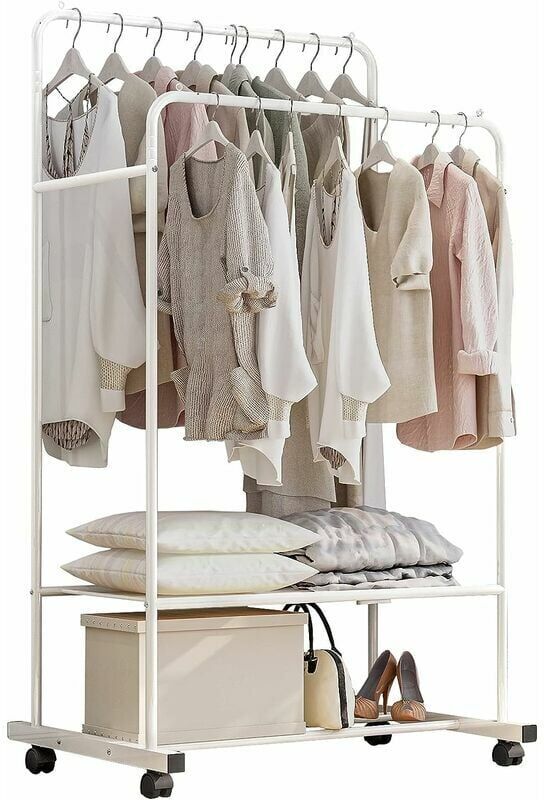 DEWDAT Metal Clothes Hanging Garment Rack with 2 Tier Shelves and Double Rod, creatiees Multi-Purpose Double Rail Closet Storage Organizer, Heavy Duty