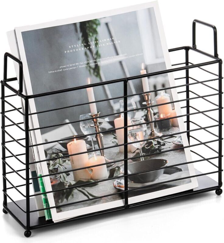 Groofoo - Metal Magazine Rack, Newspaper Book Tablet Storage Basket, File Holder Mail Organizer Bin with Handles, Iron Wire Black Folder Stand Holder