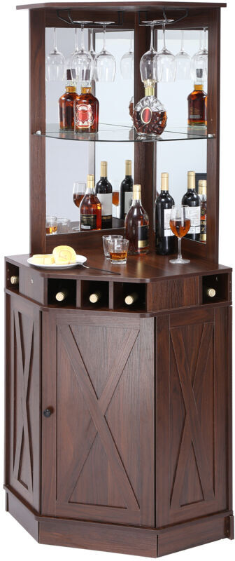 Mophorn Corner Industrial Bar Cabinet, Wine Table for Liquor & Glasses. Sideboard Buffet Cabinet with Glass Holder. Freestanding Farmhouse Wood