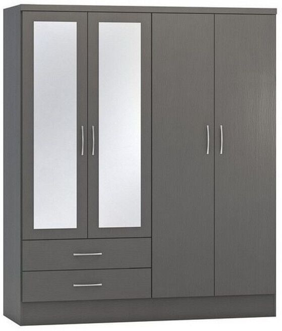 Seconique - Nevada 4 Door 2 Drawer Mirrored Wardrobe - L52 x W154 x H182.5 cm - 3D Effect Grey