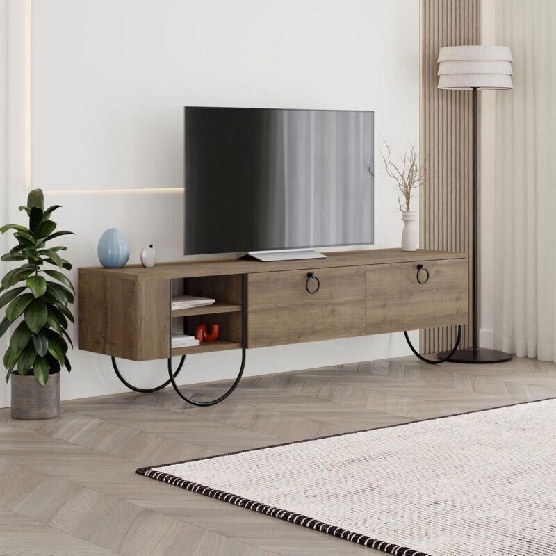Fwstyle - Norfolk Dark Oak tv Stand - Modern tv Unit with Pull-Down Doors - Shelving - and Black Metal Frame - Living Room Media Storage Furniture