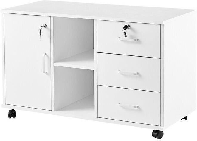Clipop - Office File Cabinet, Wooden Lockable 3 Drawer Lateral Filing Cabinet with Open Storage Shelves, 1 Closed Storage and 5 Rolling Wheels, White