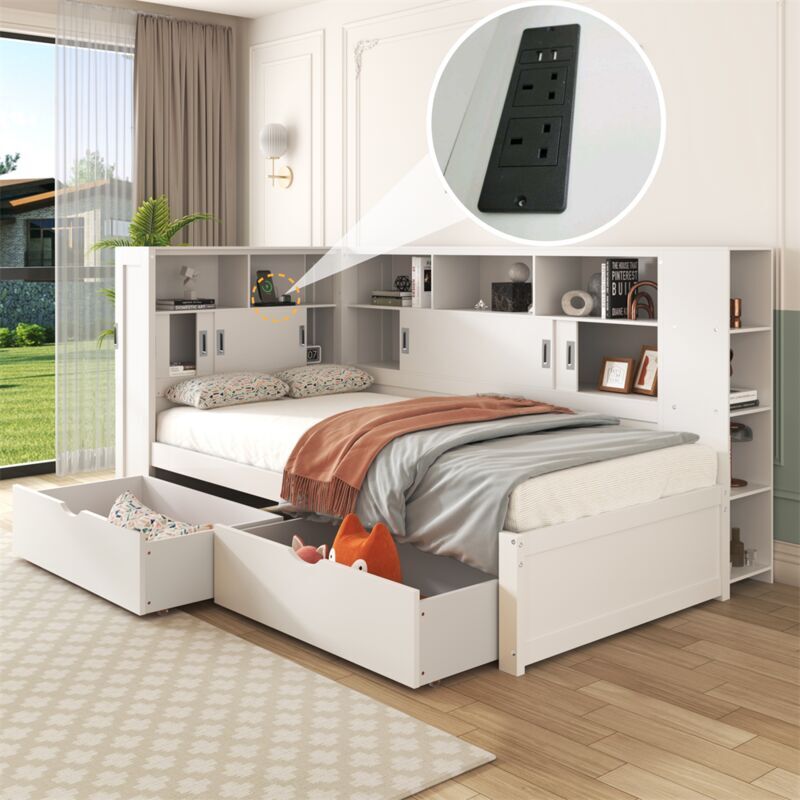 ABRIHOME Platform Bed with Trundle & Bookcase & USB,Single Bed 90x190cm,Household Bed,with 2 Storage Drawers, Dust-proof Cabinet and Shelves,White