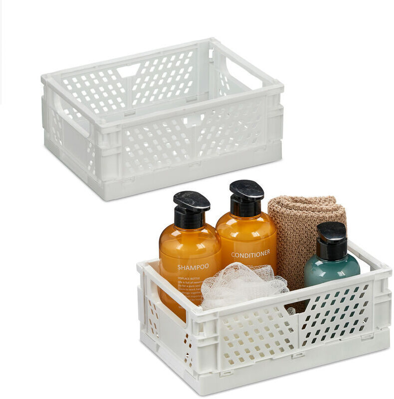 Relaxdays - 2x Collapsible Storage Boxes, Organisation Containers, Foldable Plastic Baskets, hwd: 10 x 25 x 26.5cm, White