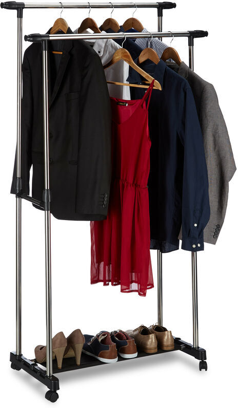 Garment Rack with 2 Clothes Rails on Wheels, Adjustable, hwd: 162x150x48 cm, Silver/Black - Relaxdays