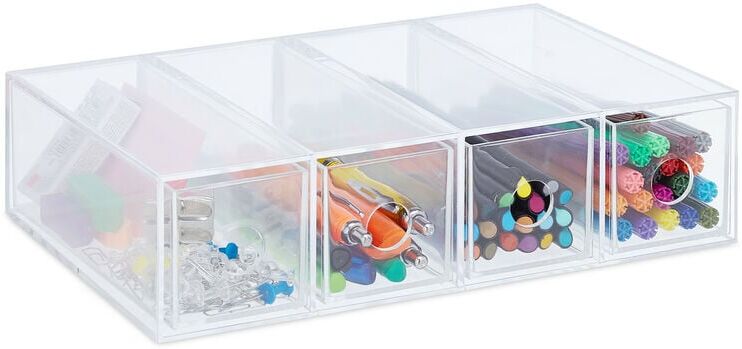 Relaxdays - Plastic Organiser Box, Four Drawers, Acrylic, Extra Storage, Compartments, HxWxD: 6x25x17.5 cm, Transparent