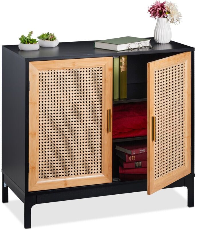 Sideboard, 76x80x39 cm, Kitchen Storage Cabinet, 2 Rattan Design Doors, Living Room Cupboard, Organizer Unit - Relaxdays