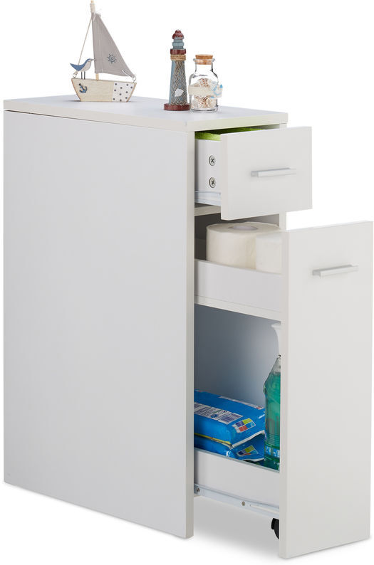 Relaxdays - Slide-Out Storage Cabinet, Bathroom & Kitchen, 2 Drawers, Narrow Trolley, Space-Saver, hwd 61.5x20x45cm, White