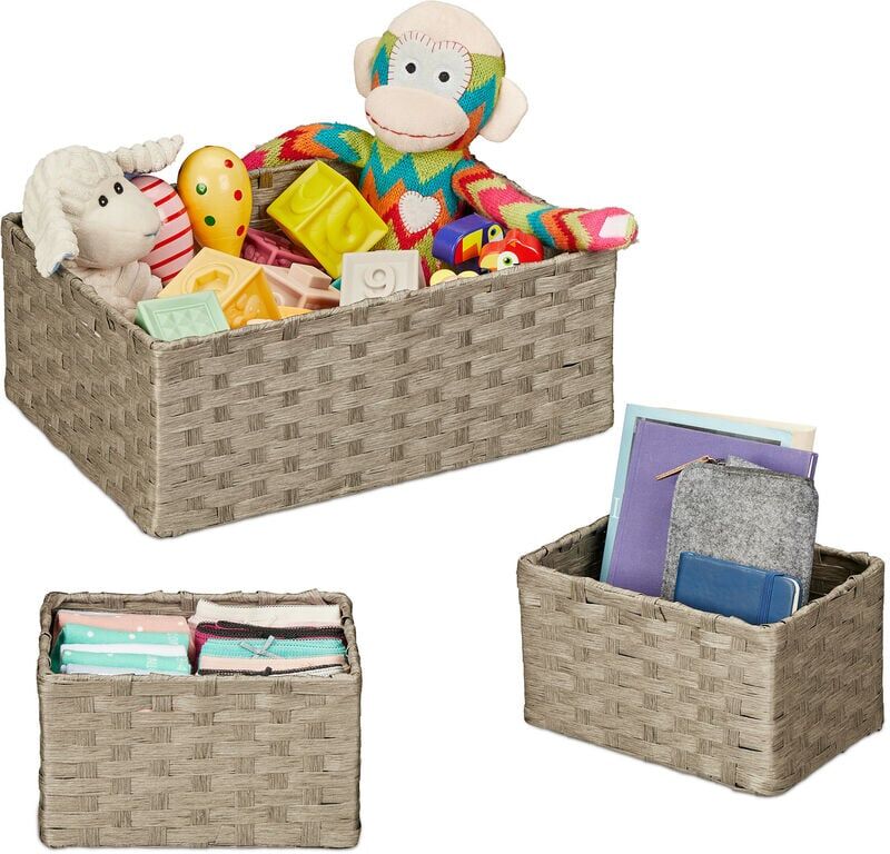 Relaxdays - Woven Storage Basket, Set of 3, 2 Sizes, Storage Box, Cupboard & Shelf, Paper Rope, Decorative Baskets, Grey