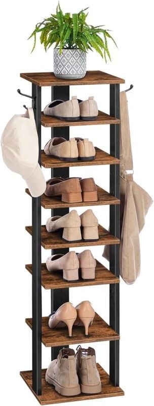 Hoobro - Shoe Rack Wooden, Tall Shoe Rack, Narrow Shoe Storage Organizer with 2 Hooks, Slim Shoe Shelf, Vertical Shoe Tower for Entrance, Living