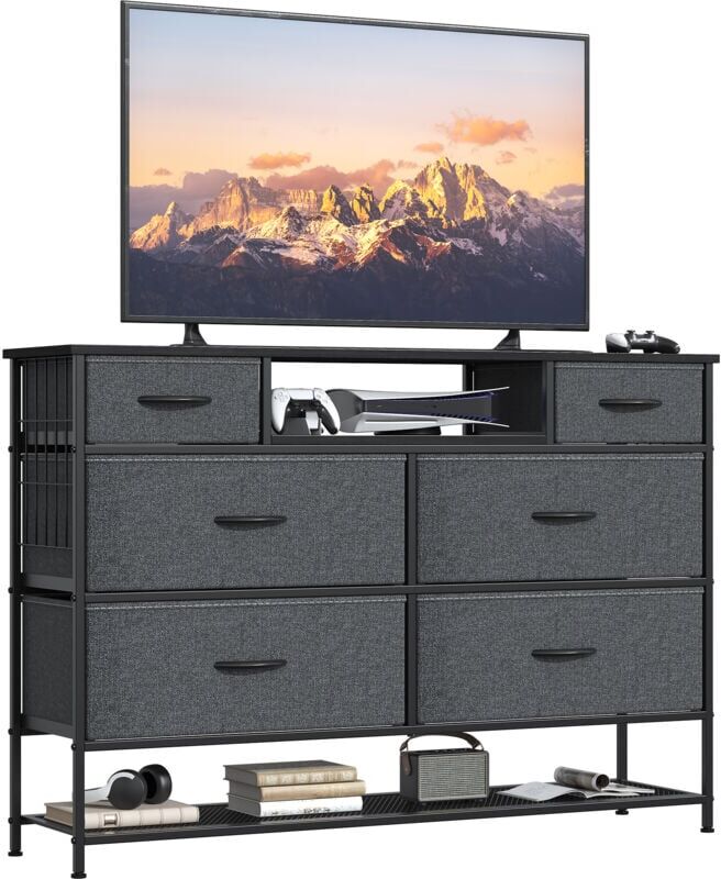 TLILY Dresser tv Stand for Bedroom, Entertainment Center with Open Shelf, Fabric Dressers with 6 Drawers, tv Stands for Closet - Dark gray