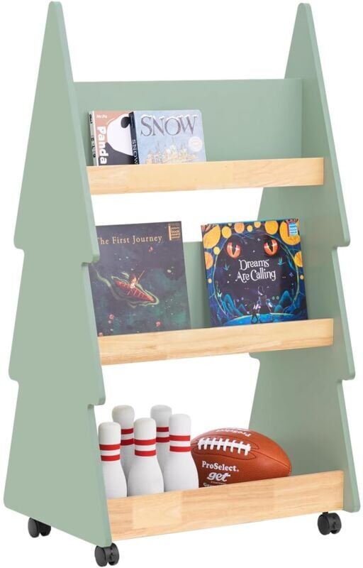 Sobuy - Tree Shaped 3 Tiers Children Bookcase Bookshelf Storage Shelf on Wheels,KMB99-H-GR