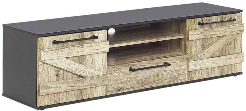 Beliani - Barn Style tv Stand with Cabinets Light Wood Black for TVs up to 70ʺ Salter