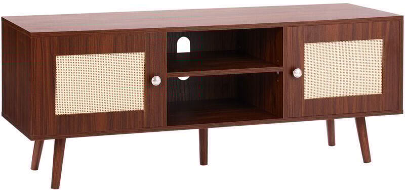 Mophorn - Rattan tv Stand, Boho Cabinet for 55 inch tv, Mid Century Modern Console, Adjustable Shelfs for Living Room, Media Room, Walnut