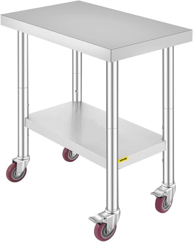 VEVOR Stainless Steel Catering Work Table 30x18 Inch Commercial Kitchen Table with 4 Wheels Commercial Food Prep Workbench with Flexible Adjustment