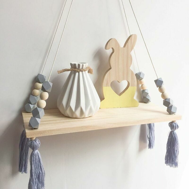 HOOPZI Wall Shelf Floating Shelf Wood Rack Hanging Swing Wall Shelf Wall Panel Macaron Board Girls Nursery Decor Size: 38x14x1.2cm (Gray)