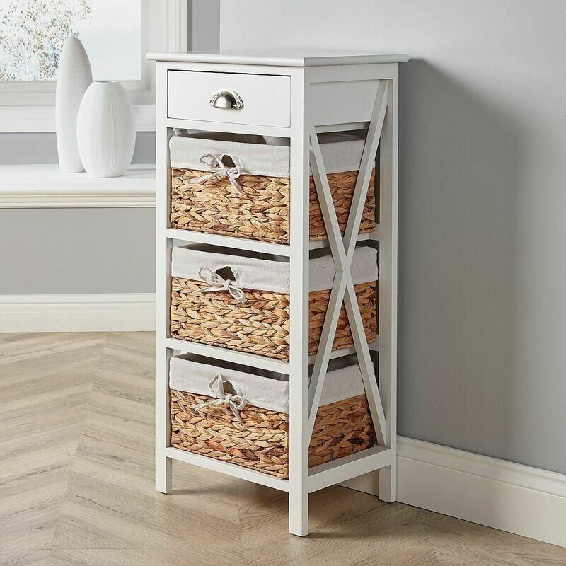 Home Source - White Cabinet 1 Drawer and 3 Woven Baskets Storage Drawers Fully Assembled