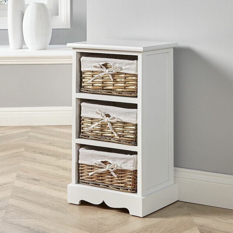 HOME SOURCE Wooden 3 Drawer Chest Storage Unit Willow Wicker Baskets Bedside Fully Assembled