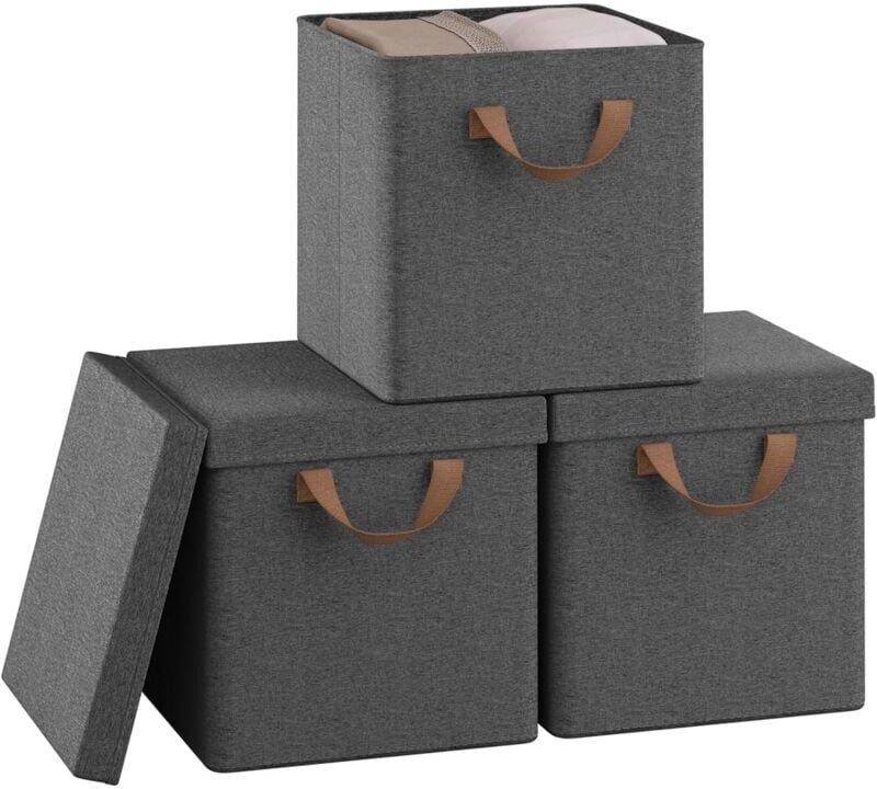 3x 20L Storage Boxes with Lids, Stackable Design Storage Chests Fabric, Grey - Woltu