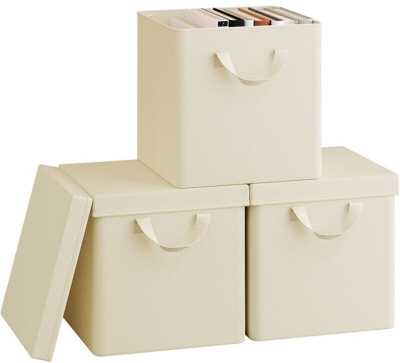 3x 26L Storage Boxes with Lids, Stackable Design Storage Chests Fabric, Cream - Woltu