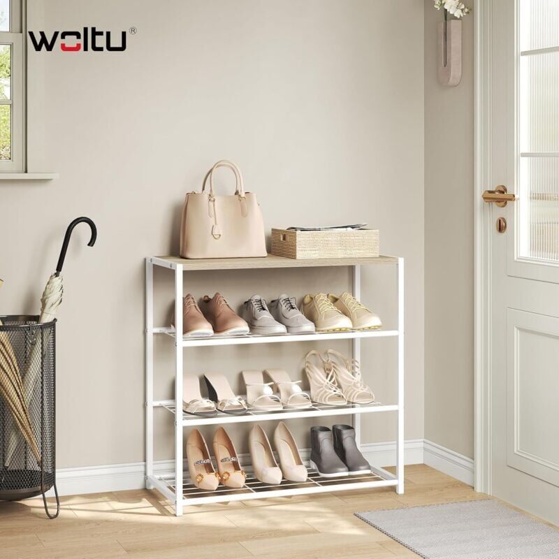 Woltu - Shoe Rack, 4-Tier Shoe Organizer Shelf, with Wooden Top, Shoe Storage Organiser for Entryway, Hallway, Dorm Room, Light Oak + White