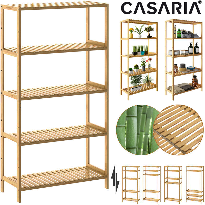 Casaria - Bamboo Standing Shelf Unit 5 Tiers Height Adjustable Bathroom Storage Shelves Wardrobe Shoe Rack Lounge Kitchen Hallway Plant Stand Book