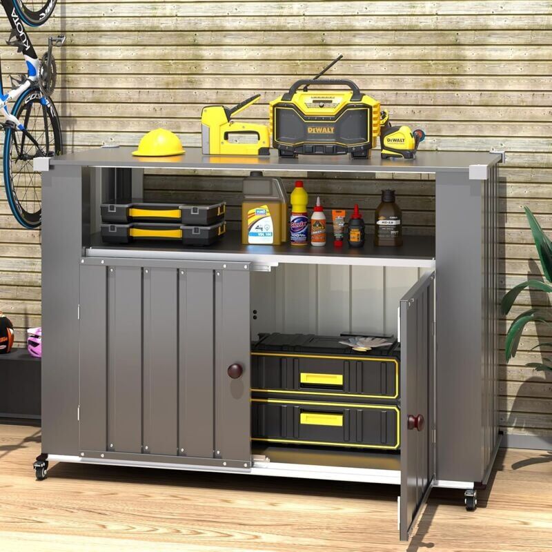 Metal Storage Cabinet with Wheels, Tool Chest Garage Cupboard with 2 Door, 2 Tier Rolling Utility Galvanized Filing Trolly - Yodolla