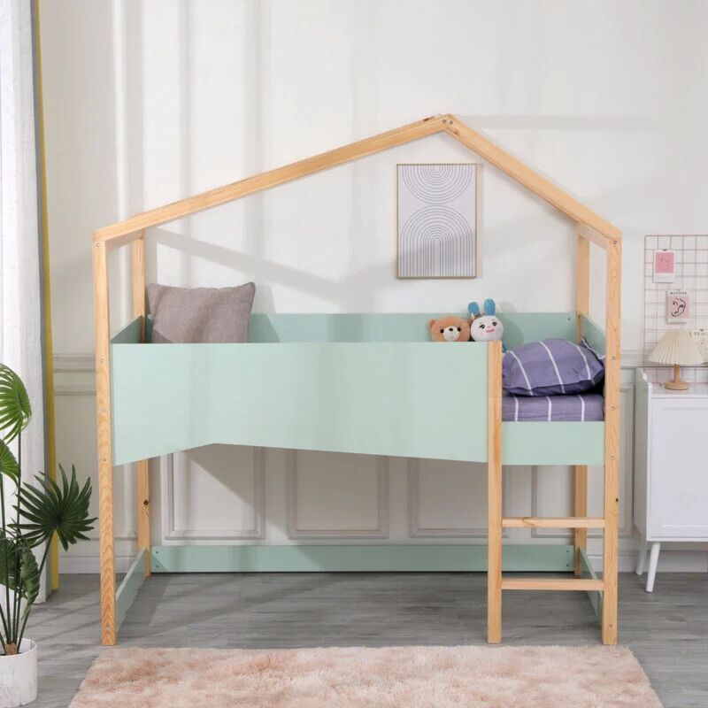 FURNITURE HMD Green Solid Pine Wood and mdf Fence,Children Bed Frame High Sleeper Bed Children Single Bed Toddler Bunk,Cabin Bed,Mattress(WITHOUT):90x190cm - Green