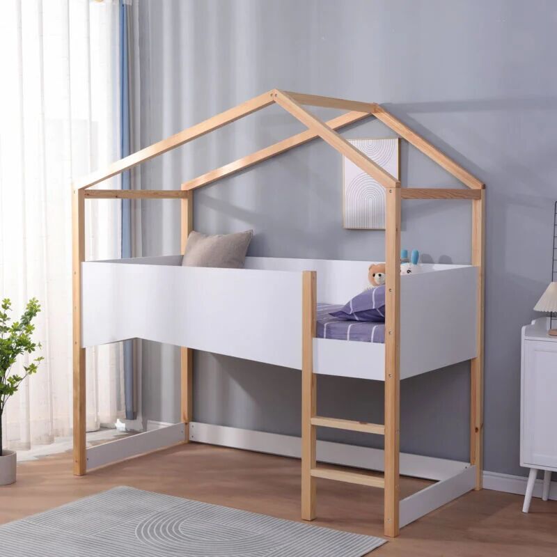 FURNITURE HMD White Solid Pine Wood and mdf Fence,Children Bed Frame High Sleeper Bed Children Single Bed Toddler Bunk,Cabin Bed,Mattress(WITHOUT):90x190cm - White