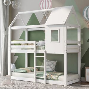 QHJ 3FT Children Cabin Loft Bunk Bed Twin Sleeper Single Bed for Kids Wood White