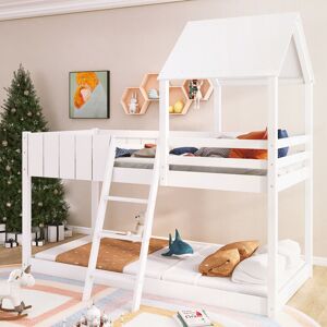 QHJ 3FT Wooden Bunk Bed, Kids Children Loft Bed with Ladder Guard Rail Treehouse Cabin Bed, White